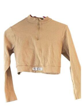 Forever 21 Women’s Sporty Tan Knit Mock High Neck Long Sleeve Crop Top “FEMME” L